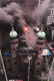 External view of synagogue burning.